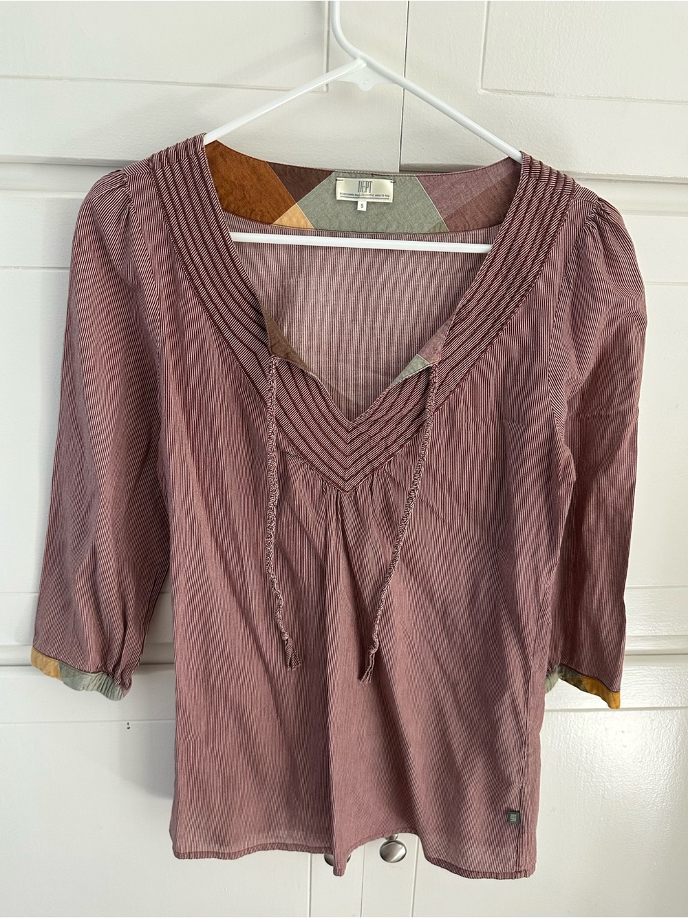 Burgundy fine striped V-Neck Peasant Tunic with Contrast Trim